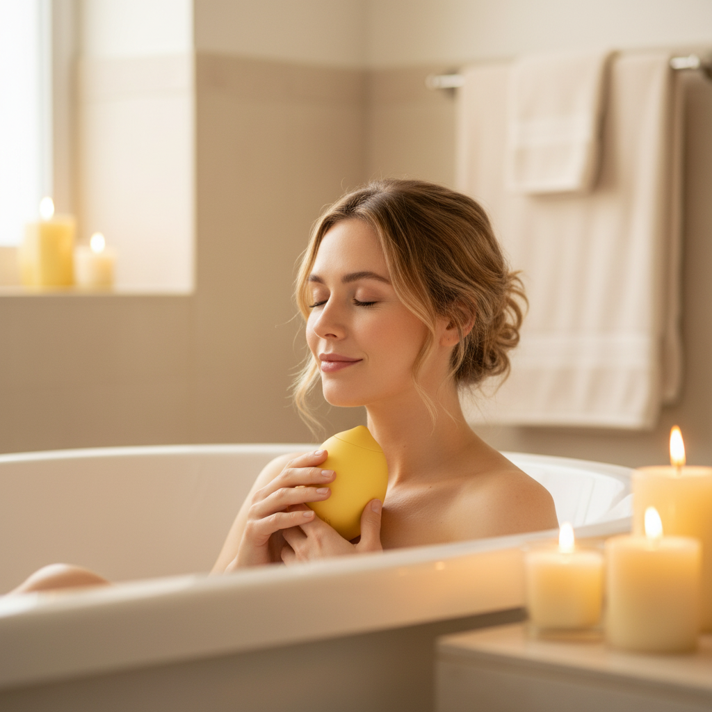 Woman relaxing in warm bath with candles